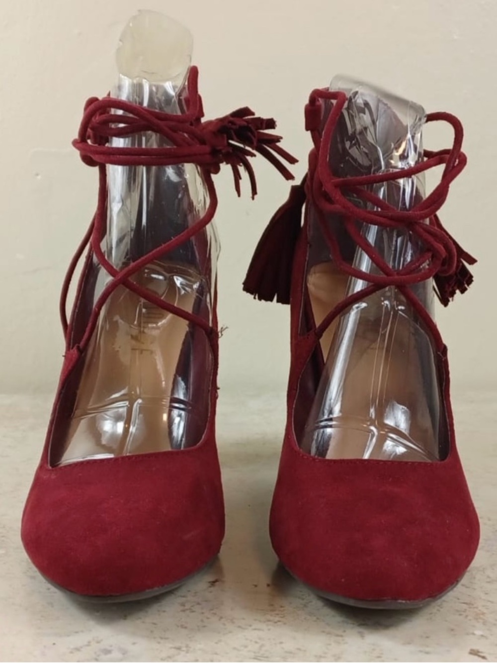 Rouge Helium Red Suede Lace-Up Block Heel Pumps - Picture 2 of 8